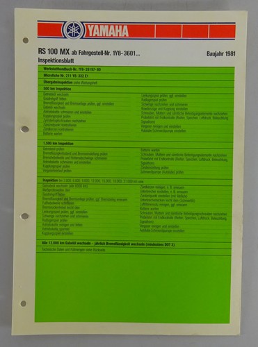 Inspection sheet yamaha 100 - inspection,