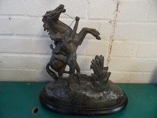 Antique French Spelter Marley Rearing Horse Figurine on Ebonized Wooden Plinth