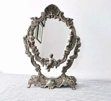 Stunning Vintage Dressing Table Mirror Silver Tone Rococo Style Cherubs Shell  