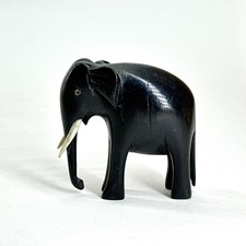 VINTAGE BLACK WOODEN ELEPHANT FIGURINE AFRICAN HAND CARVED WITH TUSKS