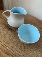 Vintage Poole Pottery Twintone Sky Blue Dove Grey Milk Jug Creamer & Sugar Bowl