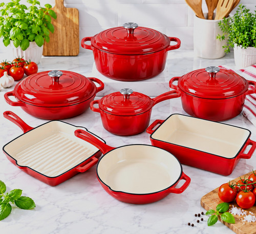11pc red enamelled cast iron - 11pc,