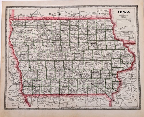 1883 iowa state map original - state,