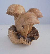 Wooden Mushroom Ornament Sculpture Hand Carved from Tree Root 3 Mushes together