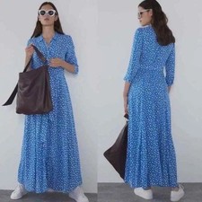 Zara NEW Marilyn shirt dress Bloggers fave Maxi Blue Spot Belted Pockets Size XS