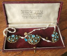 Art Deco Turquoise Glass & Seed Pearl Brass Filigree Costume Jewellery Necklace