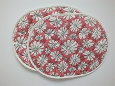 Pair of Quilted Oval Placemats table mats, White Flowers on Pink background