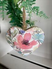Floral Flower Heart Wooden Hanging Ornament Decoupaged, With Organza Bag Gift