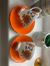 Pretty Vibrant Vintage Shabby Chic Tea Cups & Saucers x 2 Royal Sutherland