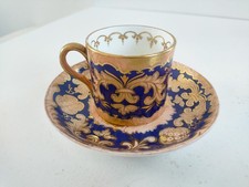 Antique Bone China Demitasse Cup & Saucer Cobalt Blue, Salmon Pink & Gilding
