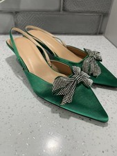 Green Satin Diamanté Kitten Heel Sling Back Shoes Formal Wedding Brand New