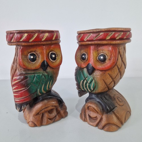 Pair hand carved wooden owl - pair,