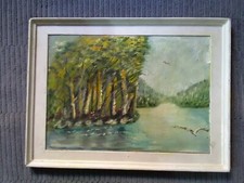 Vintage Landscape Oil Painting, River, Trees, Bird, Impressionism, Seagulls 