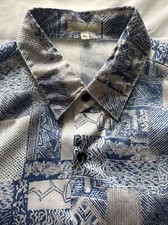 Thai Silk Shirt Blue Silver Short Sleeve Retro Vibes Hawaiian /Pocket/ XL 50"