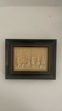 Vintage Relief Carved Plaque Framed Wall Art Village Scene Decor