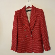Zara Blazer Red Boucle Textured Tweed Jacket Size M Medium Uk 10 12 White