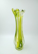 Lime Green & Clear Glass 6 Finger Art Glass Swung Vase, Vintage