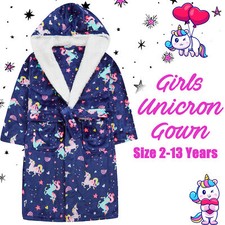 Kids Girls Unicorn Dressing Gown Fleece Bathrobe Wrap Hooded Night Lounge 2-13 