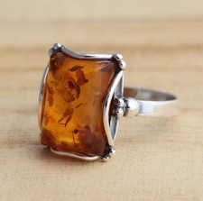 Rectangular Cognac Baltic Amber 925 Sterling Silver Ring Amber Jewellery Boxed