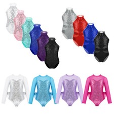 UK Kids Girls Sequins Leotards Gymnastics Ballet Dance Dress Shiny Costumes
