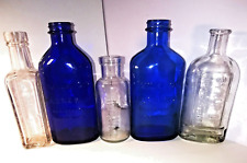 COLLECTION OF 5 OLD BOTTLES, COBALT BLUE ETC. READ DESCRIPTION FOR  LIST.