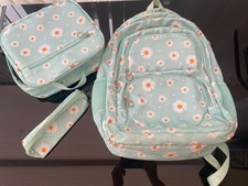 Backpack Daisy Print 3 Piece Bag. Insulated Lunch Bag. Pencil Case. Teal Nylon