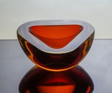 Vintage 60s Murano Sommerso Glass Geode Bowl / Dish - Amber & Clear thick cased