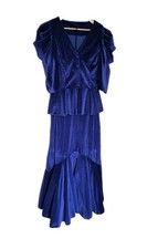 80s Handmade Velvet 3-Piece Mermaid Skirt Suit Sapphire Blue UK•14 Vtg Peplum 