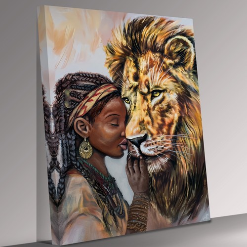 African girl and lion canvas - and,