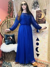 Vintage 80s Cocktail Dress Blue Size 12 Embellished Beaded Sheer Long Sleeves