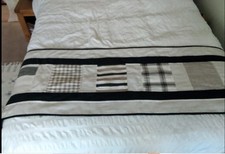 Patchwork king size bed runner. Black/white/beige, linen blend. 247 x 55cm 