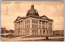 Antique Postcard Courthouse Dome Clock Lincoln, IL 1910s