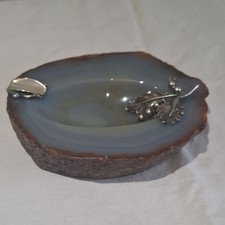 Unusual Vintage 1960s 70s Agate Ashtray With Sterling Silver  Polished Agate A
