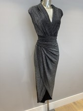 Silver  Plunge Neckline Ruched Evening Party Dress Size 18