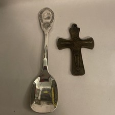 Vintage INRI Bronzed Crucifix Pendant & Pope John Paul II 1982 Spoon