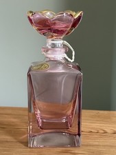 Vintage SC Italy Crystal Perfume Bottle 5” Pink Real Gold Edge Flower Stopper