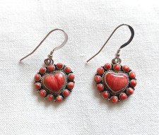 Stirling Silver Marked Coral Droplet Dangly Earrings Heart Shaped Inlay