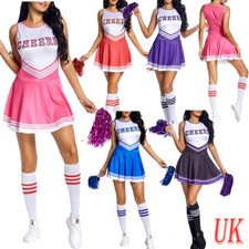 UK Womens Cheer Leader School Girls Uniform Halloween Cosplay Pom Socks Outfit
