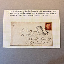 GB QV 1860 Postal History Cover 1d Penny Red Star Birmingham 75 duplex to London