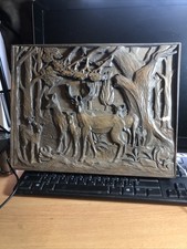 Extreme Rare Vintage Deep Wood Carved Wall Plague Deers in forest