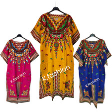 New Womens 100% COTTON Long Kaftan Dress Summer Dashiki African Print One Size 