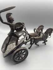 Vintage Greek Roman Spartan Gladiator Warrior On 2 Horse Chariot Metal Brass