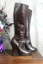 BIBA BROWN VINTAGE 90s DOES 70s LEATHER ZIP KNEE BOOTS RARE LOUIS HEEL UK 3.5-4