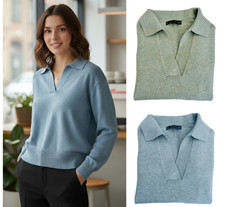 Ladies Marks V  Neck Jumper Polo Collar Long Sleeve Wool Blend Soft Sweater NEW
