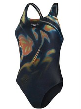 Speedo Placement Digital Powerback Swimsuit - Black/ Lime/ Adriatic Size 12