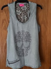 Ladies top skull design with lace back vest top style green colour size xs 