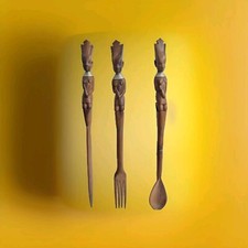 African Tribal Ethnic Salad Set Hand Carved Wooden Fork Knife Spoon Servers 13"
