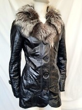 Real Sheepskin Shearling Patent coat&real Silver fox Fur Collar Sz S 8 10