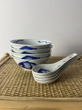 4x Chinese Koi Carp Soup Bowl Spoon Set Blue & White Porcelain 8 Pieces