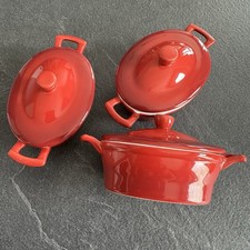 Insea France 1994 Red Mini Casserole Dishes with Lids Set of 3 Ceramic Pots